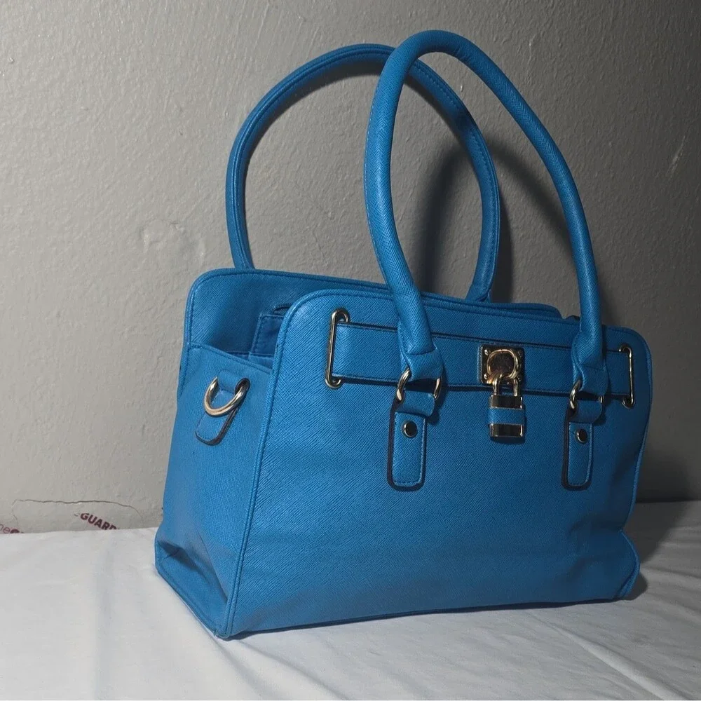 Call It Spring Cobalt Blue Saffiano Faux Leather Satchel Tote Bag Padlock Gold